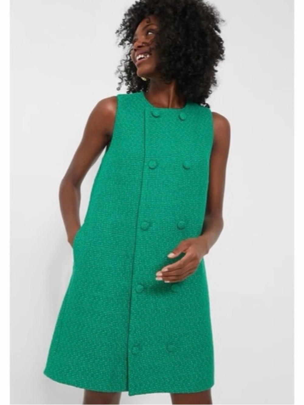 Pomander Place Emerald Green Tweed Double-Breasted Shift Dress